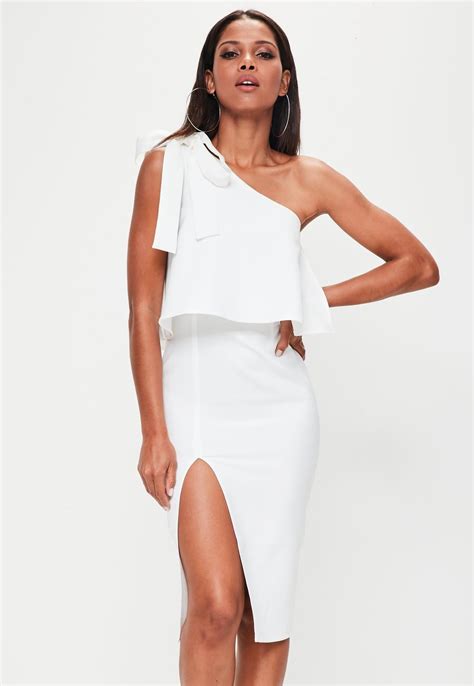 Missguided White Crepe One Shoulder Bow Sleeve Midi Dress Dresses
