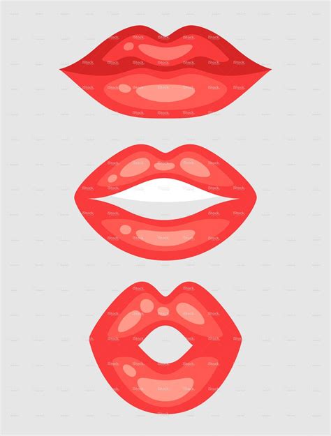 Female Lips Set Mouths With Red Lipstick In Variety Of Expressions