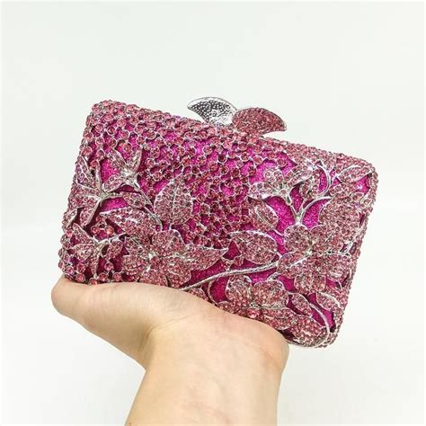 Hot Pink Floral Rhinestones Evening Clutch Chain Shoulder Bag Bridal