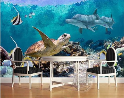 Choose the size that fits your space signed by the artist media: Underwater Scene Fish Sea Turtle Dolphins 3D Wallpaper ...