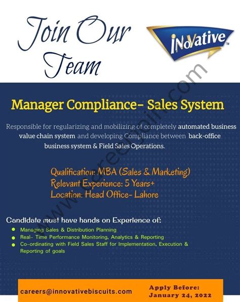 Innovative Biscuits Pvt Ltd Jobs Manager Compliance Sales System