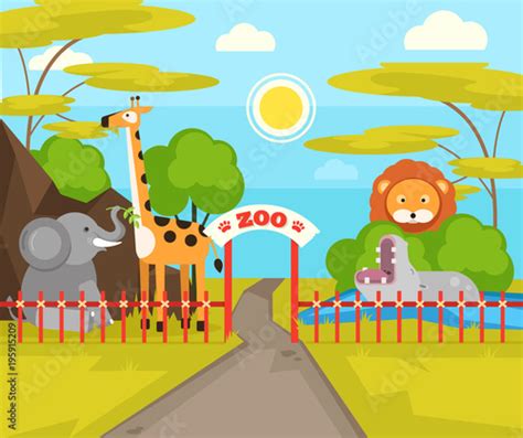 Zoo Park With Wild Animals Vector Flat Cartoon Illustration Stock