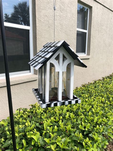 Hand Painted Wooden Bird Feeder Whimsical Black And White Etsy