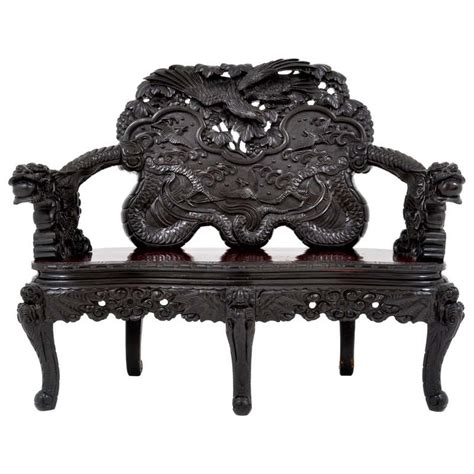 Antique Chinese Qing Dynasty Carved Rosewood Dragon Loveseatsofabench