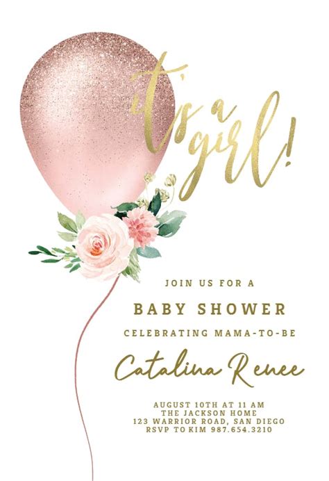 Floral Glitter Balloon Baby Shower Invitation Template Greetings Island
