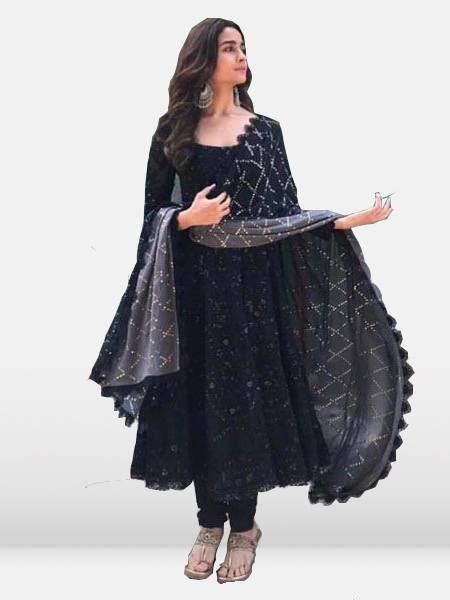 Alia Bhatt Embroidered Bollywood Designer Black Anarkali Suit Online