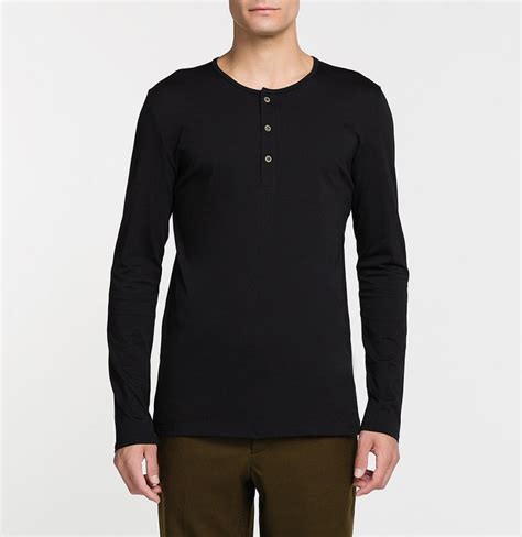 Henley Organic Cotton Long Sleeve T Shirt Black Front