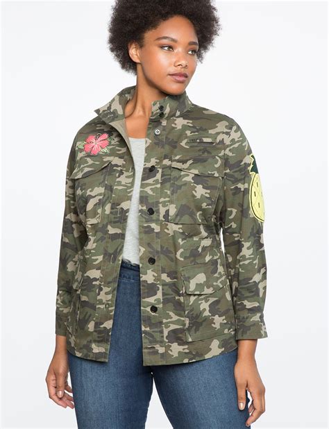 Camo Utility Jacket With Patches Camo Plus Size Outerwear Jackets