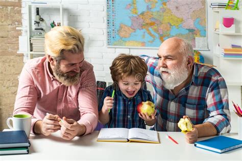 Grandfather Father And Child Son Learning At Home Classroom Child