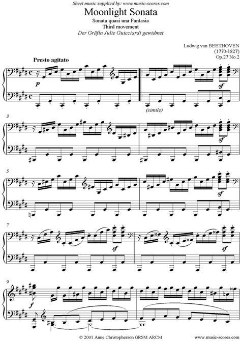 Piano sheet music for moonlight sonata 3rd movement, composed by l. Sonata 14 Op.27, No2: Moonlight, 3rd mvt by Beethoven ...