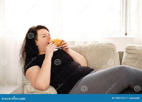 Fat Woman Overeating Junk Food Sedentariness Stock Image Image Of