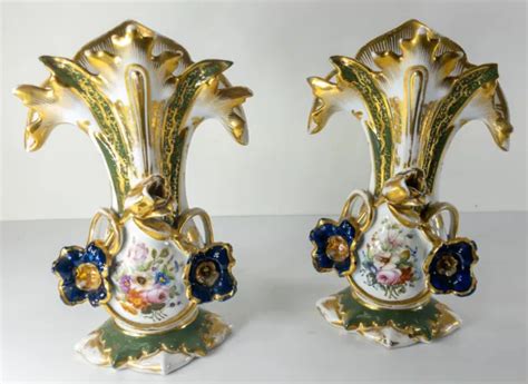 Antique 19th Pair Of Gilt Old Paris Porcelain Vases Floral Painting As