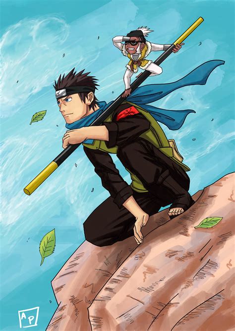 Konohamaru And Enra On Top Of Hokage Rock Coloured Drawing Naruto