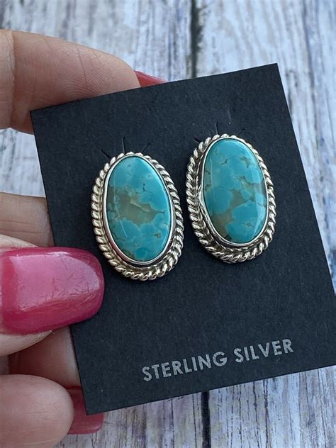 Navajo Royston Turquoise And Sterling Silver Post Earrings Signed