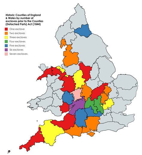 Historic Counties Of England And Wales By Number Of Exclaves Prior To The