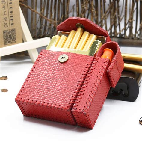 Handmade Leather Womens Red Cigarette Holder Case With Lighter Holder