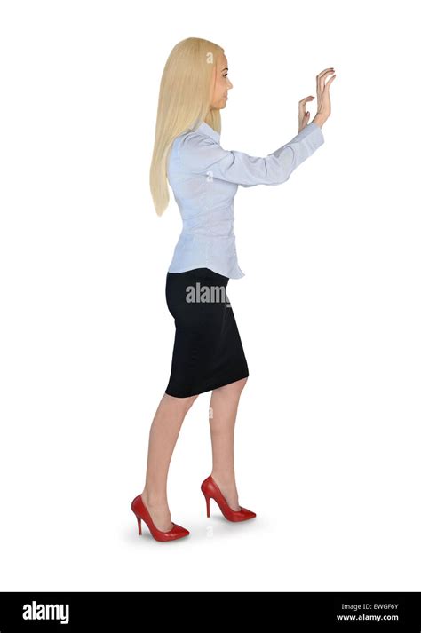 Isolated Business Woman Push Something Stock Photo Alamy