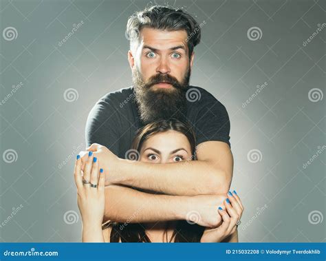 Surprised Man Embracing Woman Handsome Bearded Man With Surprised Face