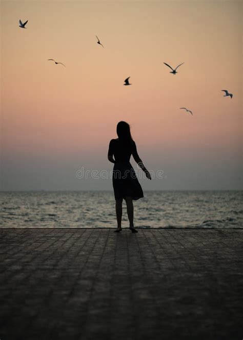 Silhouette Of A Girl On A Sunset Background Sunrise On The Sea Stock