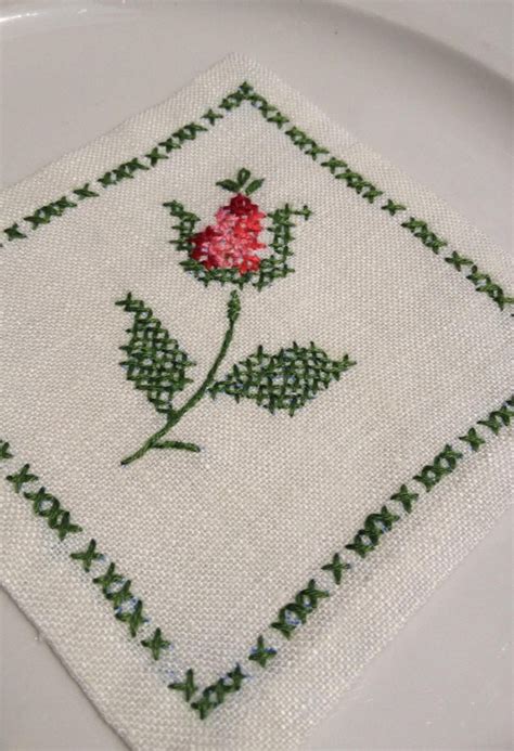 Embroidered Rose Cocktail Napkins Pink Green Cross Stitch Vintage