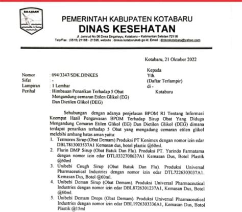 Dinkes Kotabaru Keluarkan Surat Edaran Penarikan 5 Jenis Obat Sirup