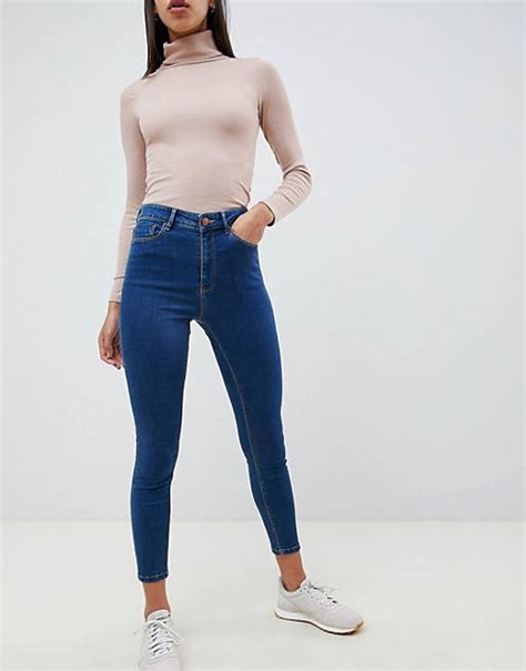 Asos Design High Rise Ridley Skinny Jeans In Flat Blue Wash Asos