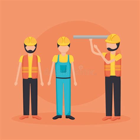 Construction Workers Holding Blueprint Hammer Barrel And Wall Brick