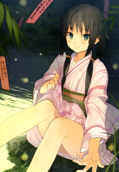 Trees Blue Eyes Twintails Yukata Japanese Clothes Anime Girls Black Hair Akinashi