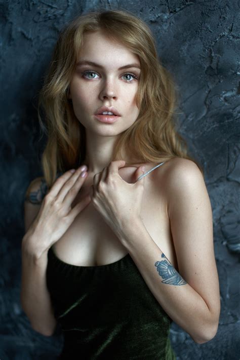 Women Blue Eyes Blonde Bare Shoulders Model 1080p Tattoo Portrait Display Anastasia