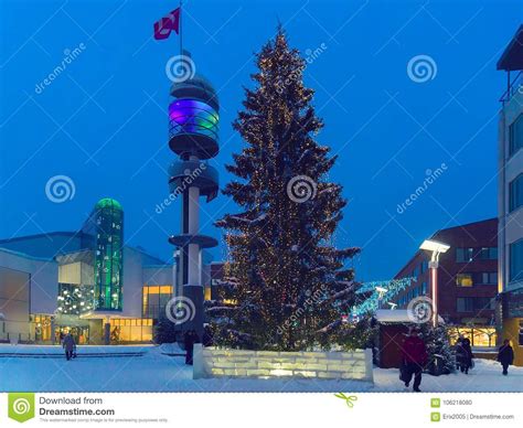 People At Lordi Square At Winter Rovaniemi At Night Editorial Image