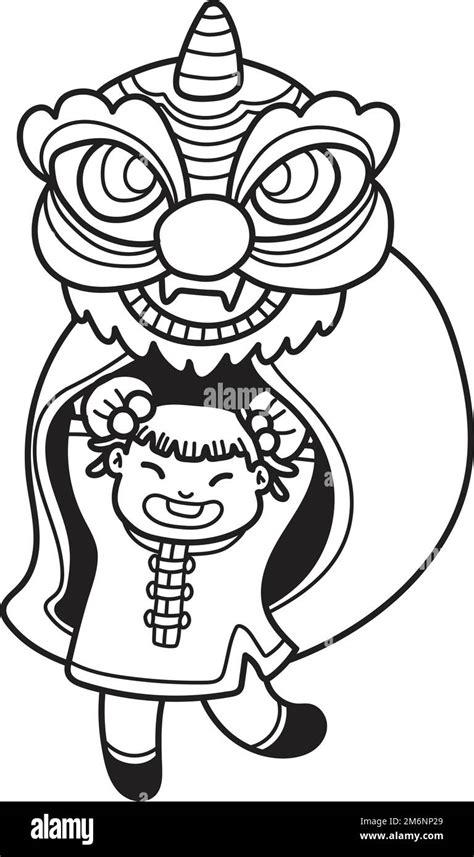 Hand Drawn Chinese Lion Dance With Chinese Girl Illustration Isolated