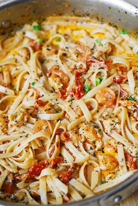 Cook some diced onion and garlic in a little oil until sauce, add some cream, basil, and a jar of your favorite pasta sauce. Garlic Shrimp Pasta with Spicy Sun-Dried Tomato Cream ...