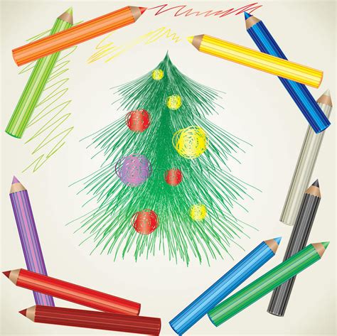 Drawing Of Christmas Tree And Color Pencils Stock Vector Illustration