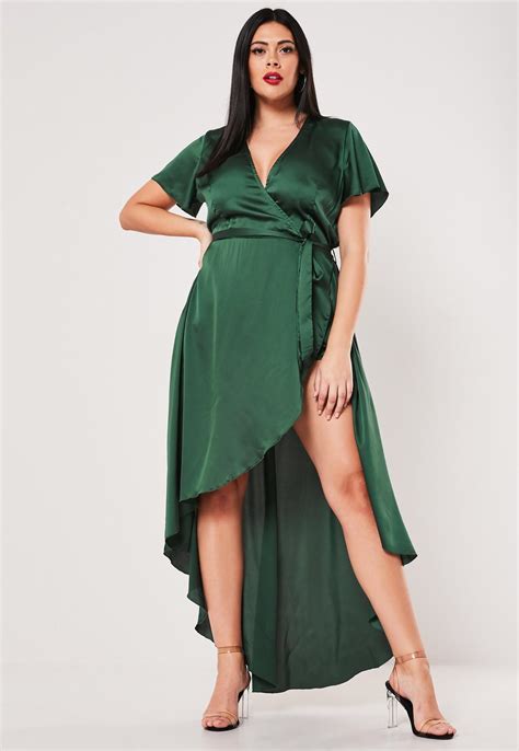 Plus Size Green Satin Wrap Front Ruffle Midi Dress