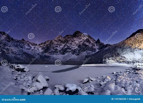 Winter Night Starry Sky Above Mountain Peak Stock Photo Image Of