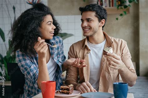 Happy Multiracial Friends Communication Together Young Lovely Couple Laughing Sitting In Cafe