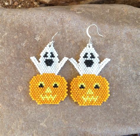 Beaded Ghost And Pumpkin Earrings Seed Bead Patterns Halloween Beads