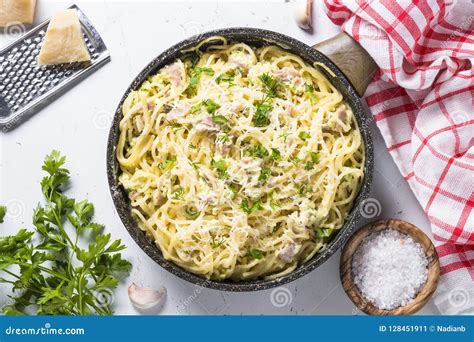 Pasta Carbonara With Bacon And Cream Sauce On White Stock Image