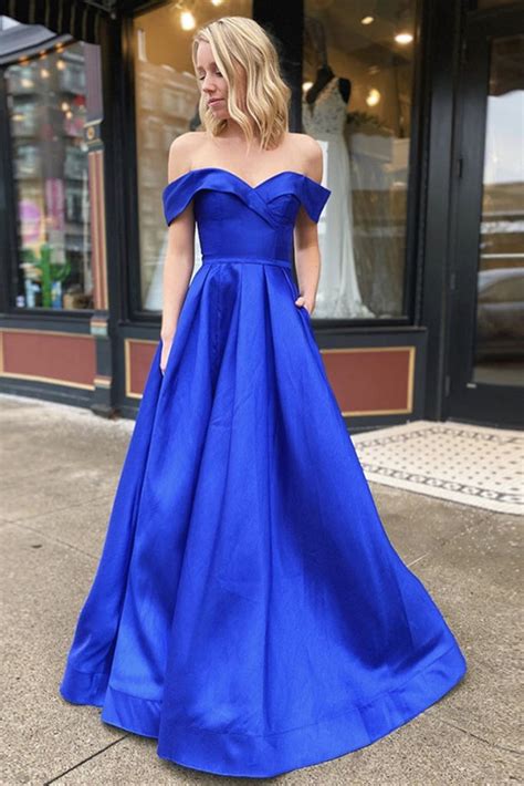 Off Shoulder Royal Blue Satin Long Prom Dress With Leg Slit Off Shoul Abcprom