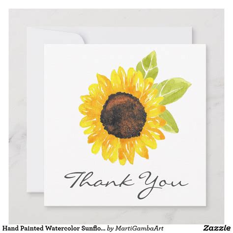 Hand Painted Watercolor Sunflower Thank You Card Watercolor Flowers