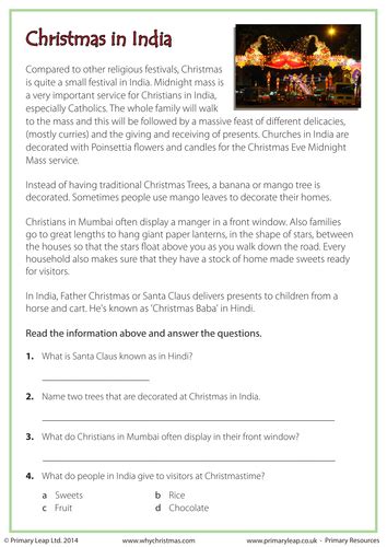 This site provides awesome christmas (and other holiday) worksheets and worksheets of other themes in pdf format. Reading Comprehension - Christmas in India | Teaching ...