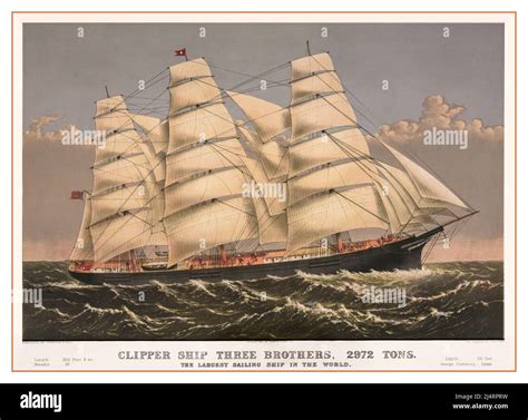 Three Brothers 1800s Clipper Ship Vintage Lithograph Three Brothers