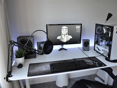 Black White Procrastination Gaming Room Setup White Desk Setup