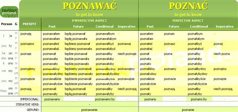 POZNAC POZNAWAC Tables Of Polish Verbs Conjugation