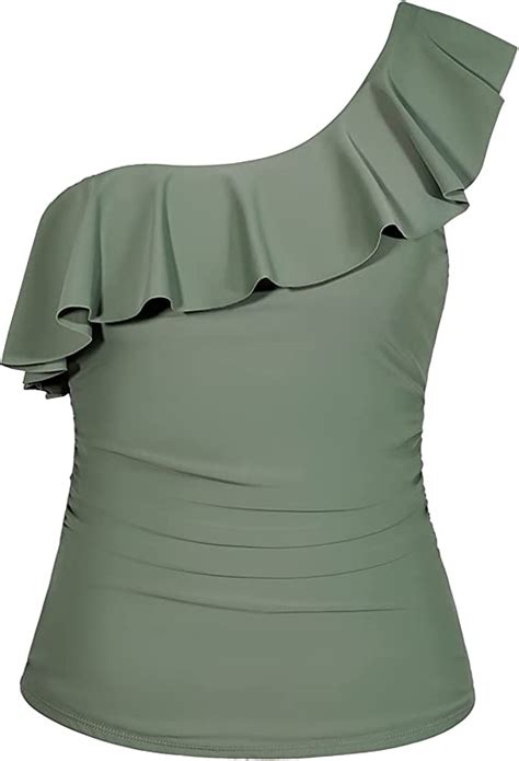 Yonique Womens One Shoulder Army Green Tankini Tops Ruffle Swim Tops