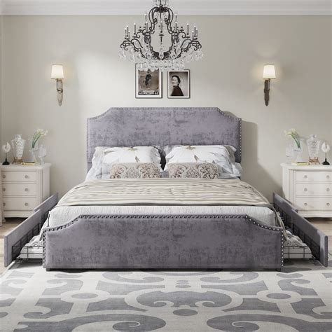 Buy Amerlife Queen Size Bed Frame With 4 Storage Drawers And Headboard Queen Velvet Upholstered