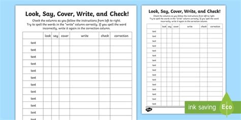 Editable Look Say Cover Write And Check Spelling Practice Template