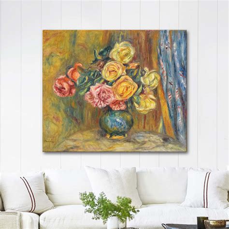 Roses In Front Of A Blue Curtain By Pierre Auguste Renoir As Art Print