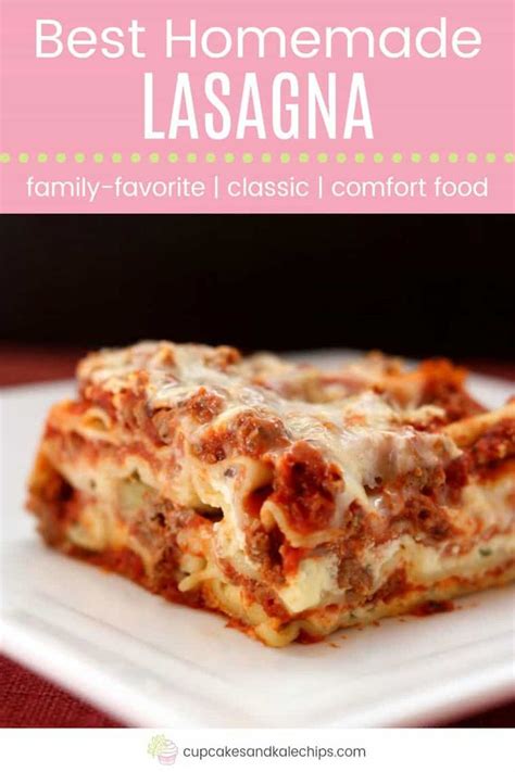 The Best Homemade Lasagna Recipe Is Shown On A White Plate With Text