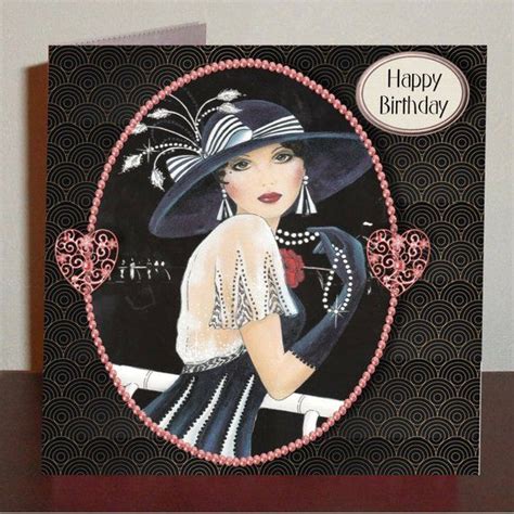 Lady In Hat With Pearls Art Deco Birthday Card Paper Envelopes Printed